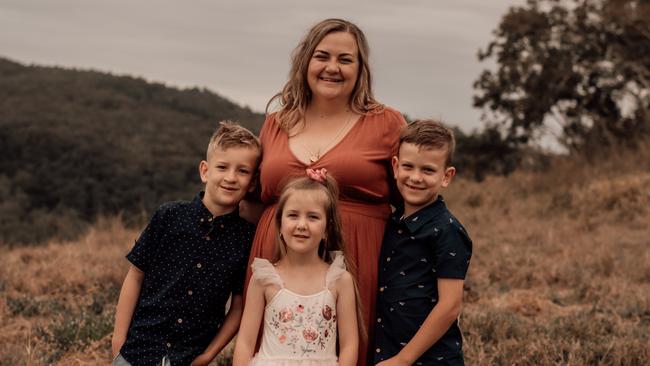 Emma Williamson with children Logan, 9, Isobel, 6, and Brock, 7. Picture: Mel Scriha