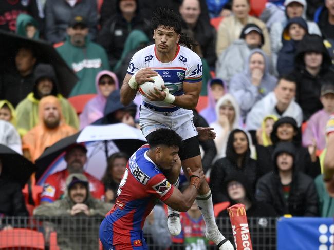 Dallin Watene-Zelezniak rises to claim the ball. Picture: NRL Imagery