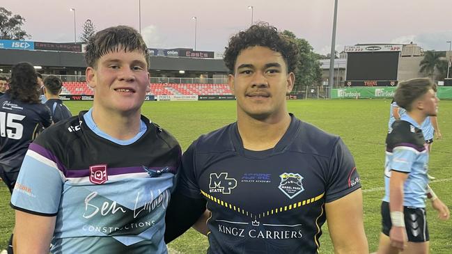 Opposition front rowers Cooper Clarke (Caloundra SHS) and Elijah Keung (Mabel Park) after their Langer Trophy clash. The pair are the Queensland Schoolboys starting front-rowers. Picture: Andrew Dawson