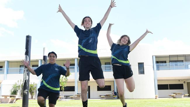 High school exams have ended and Palmerston College students James Pastor, 17, Hayden Dale, 17, and Samantha Hart, 17, are thrilled. Picture: Katrina Bridgeford