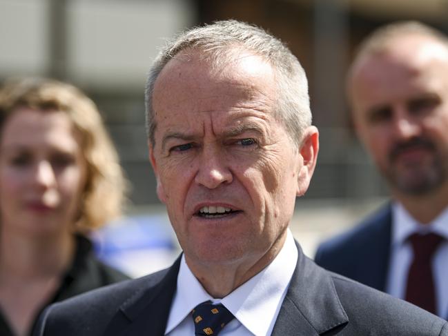 Australian Opposition leader Bill Shorten speaks to the media after a funding announcement in Canberra, Tuesday, March 12, 2019. Bill Shorten today announced that Federal Labor  would contribute $200 million to the second stage of Canberra's light rail project if elected at the next federal election. (AAP Image/Lukas Coch)