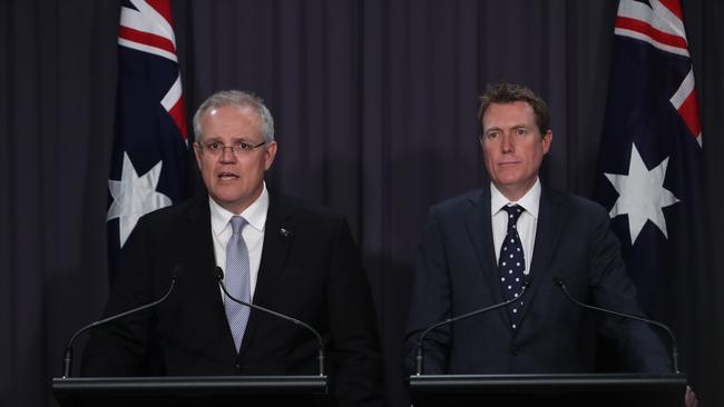 PM Scott Morrison with the Attorney-General Christian Porter holding a press conference at Parliament House in Canberra. Picture Kym Smith