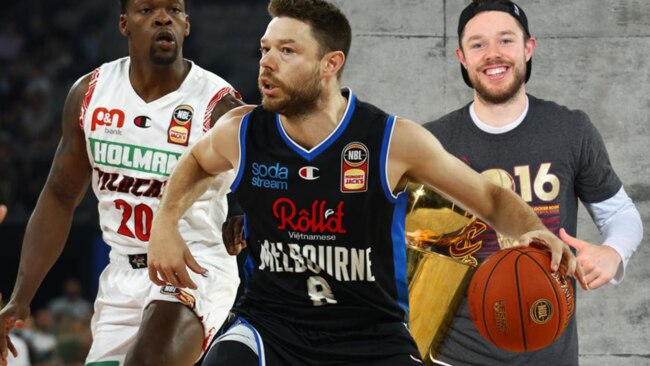 Then and now: Matthew Dellavedova in action for Melbourne United last season and with the spoils of the 2016 NBA championship.