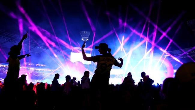 Aussie star Erin Burns dances with her teammates during the Katy Perry concert. Picture: Cameron Spencer/Getty Images