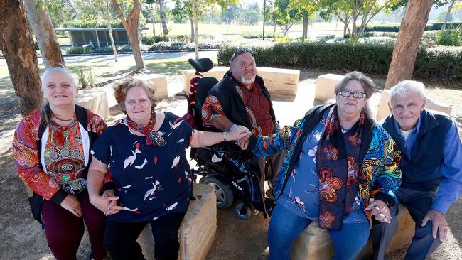 Uncle Graham Dillon pictured with Aunty Vicki-Ann Speechley-Golden, Aunty Marion Russell, Uncle Martin Watego, Aunty Anne Leisha at the yarning circle at Griffith University in 2018 (AAP/Image Sarah Marshall)