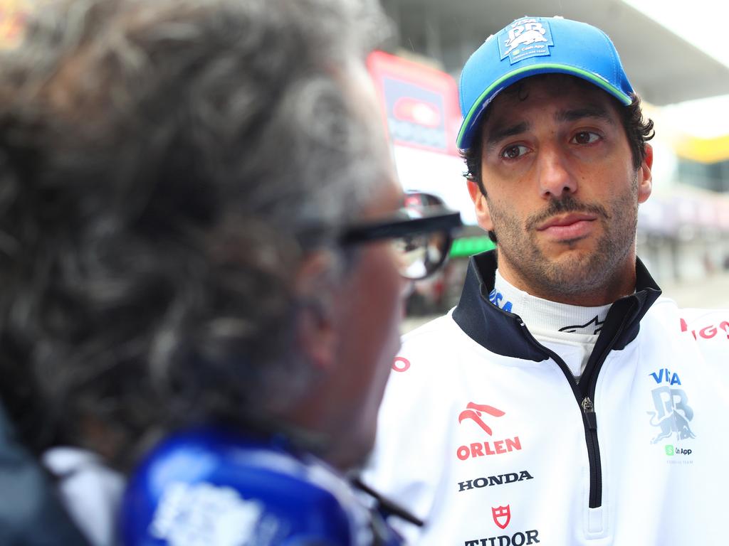 Daniel Ricciardo talks with Laurent Mekies, Team Principal of Visa Cash App RB, during practice. Picture: Getty Images