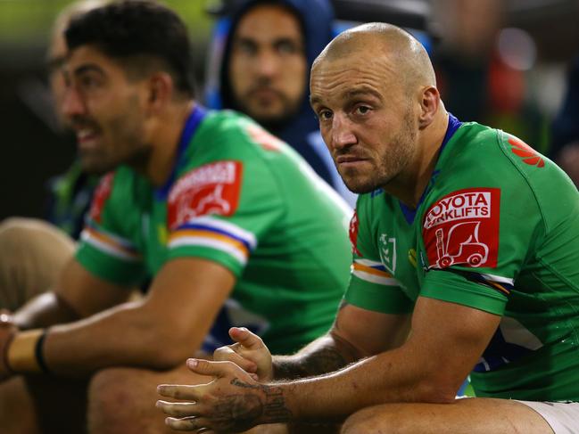 CANBERRA, AUSTRALIA - APRIL 17:  Josh Hodgson of the Raiders looks on during the round six NRL match between the Canberra Raiders and the Parramatta Eels at GIO Stadium on April 17, 2021, in Canberra, Australia. (Photo by Matt Blyth/Getty Images)