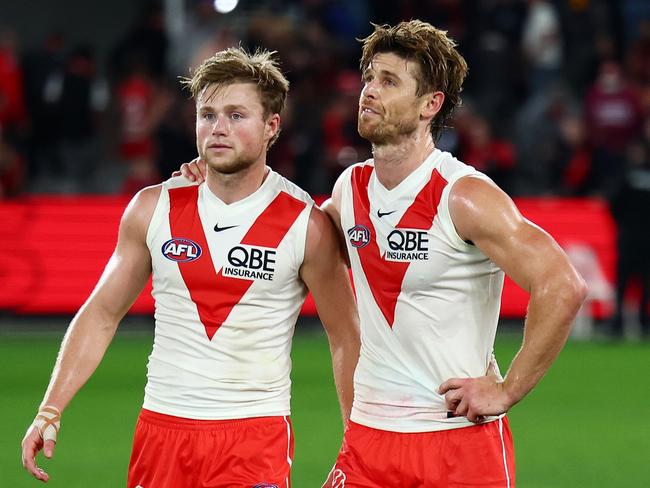 Braeden Campbell and Dane Rampe after their loss to Essendon. Picture: Morgan Hancock/Getty Images.
