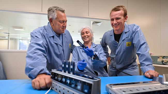 Joe Hockey, left, and Ellume chief executive Sean Parsons at Ellume’s factory in Brisbane. Picture: Lyndon Mechielsen