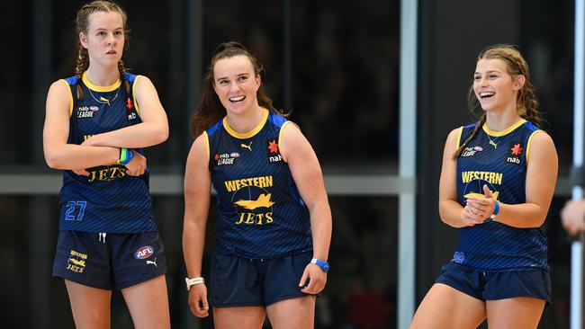 Western Jets player Leah Spargo (middle) enjoys a laugh during NAB League testing. Picture: AFL Victoria