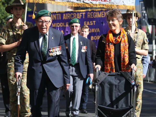 25/4/22: John Wilkinson 101 who served in PNG and wanted to walk in the march at 101 with his daughter Susie at the Anzac Day March in Sydney. John Feder/The Daily Telegraph