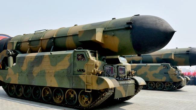 The mobile launcher for new medium-range ballistic missile Pukguksong-2 showed a vehicle with tracks. It was seen during a military parade at Kim Il Sung Square in Pyongyang on April 15. Picture: Kyodo