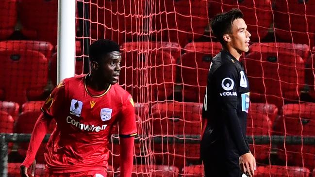 Al Hassan Toure celebrates after scoring for Adelaide United against Newcastle. Picture: Mark Brake/Getty Images