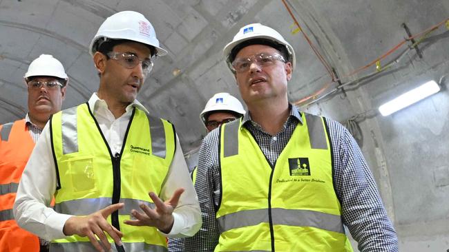 1/12/2024: Premier David Crisafulli along with Lord Mayor Adrian Schrinner in  the new Brisbane Metro tunnel beneath Adelaide Street , which is now fully excavated in preparation for the staged implementation of Brisbane Metro in 2025. pic: Lyndon Mechielsen/Courier Mail