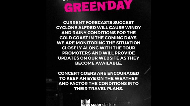 Green Day's Gold Coast show weather update from CBUS Stadium.