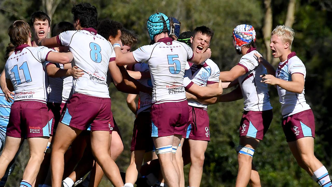 Ormiston players celebrate the win. TAS First XV schoolboy rugby grand final between Ormiston College and St Columban's College. Saturday June 11, 2022. Picture, John Gass