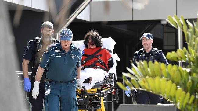 Melinda Joye Le Miere on a stretcher after she was arrested outside Toowoomba Courthouse for allegedly wielding a knife. Picture: Kevin Farmer