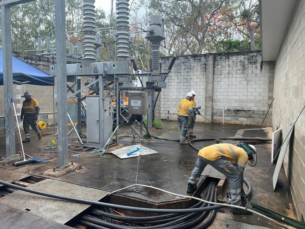 Ergon Energy crews worked to fix a cable at the Cannonvale substation that caused mass outages across the region. Picture: Ergon Energy