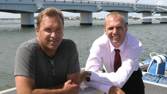 2007: Councillor Grant Pforr and Roland Brautigam from Solar Coast Cats at a ferry terminal the council had built at Paradise Point