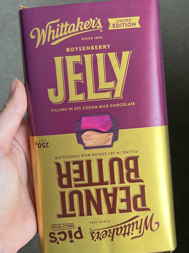 New Zealand chocolate brand Whittaker’s has launched a PB&J block in Australia. Picture: Supplied/news.com.au
