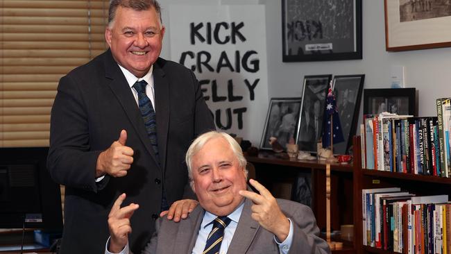 Craig Kelly with Clive Palmer make some kind of point in Parliament House in Canberra. Picture: NCA NewsWire / Gary Ramage