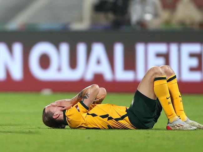 Jackson Irvine is shattered after Australia’s 2-2 daw with Oman. Picture: Adil Al Naimi/Getty Images