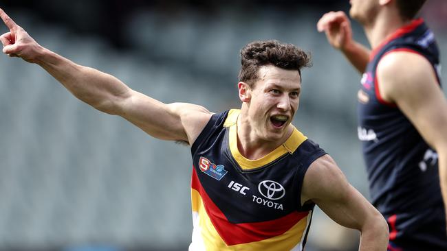 James Mathews celebrating one of his four goals against Norwood in the first SANFL semi final at Adelaide Oval. Picture SARAH REED