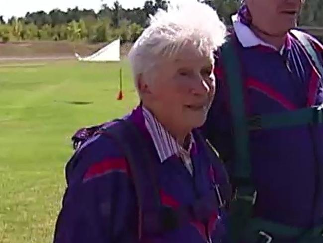 Clare Nowland after sky diving to celebrate her 80th birthday. Picture: ABC News