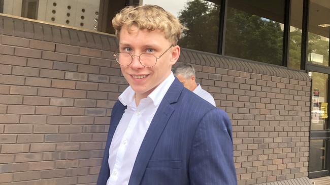 Felix Shiells leaves Parramatta Local Court after pleading not guilty to throwing projectiles.