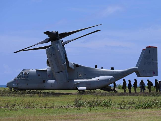 People get on board a MV-22B Osprey aircraft in Tarampitao Airfield in Rizal, Palawan last wee as a part of the Indo-Pacific Endeavor 2023 between the Armed Forces of the Philippines and the Australian Defence Force. Picture: AFP