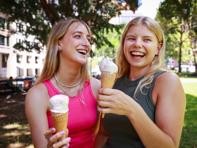 Emily Brunner and Alice Litchfield, in Sydney CBD enjoying gelato. Picture: Justin Lloyd