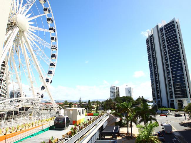 General view of Beach Road and Transit Centre and Gold Coast Eye or Wheel.