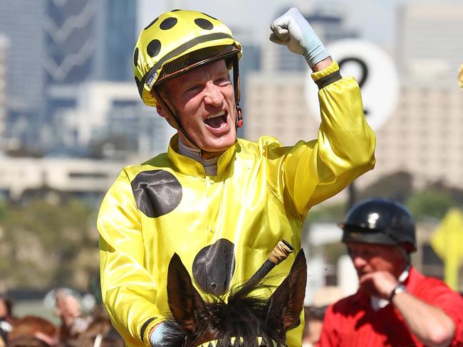 MELBOURNE , AUSTRALIA. November 7, 2023.  Melbourne Cup races at Flemington Racecourse, Melbourne.  Race 7. The Melbourne Cup.  Jockey Mark Zahra returns to the mounting yard  on Without A Fight after winning the Melbourne Cup      . Pic: Michael Klein