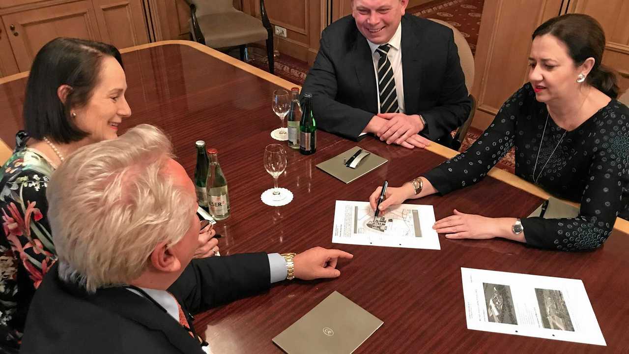 Queensland Trade and Investment Commissioner in Europe Linda Apelt, Rheinmetall's Armin Papperger and Ben Hudson with Premier Annastacia Palaszczuk in Berlin. Picture: Contributed