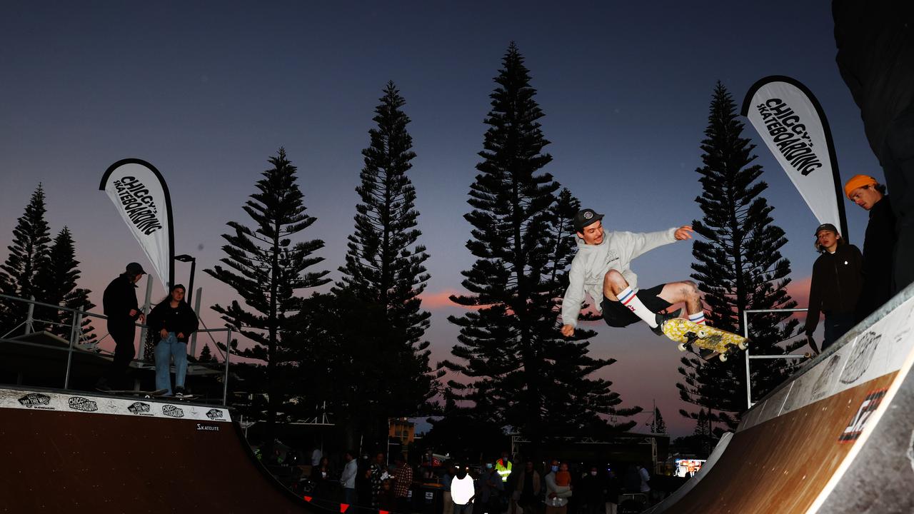 Skaters in action at the Olympics Live site at Kings Beach. Picture: Lachie Millard