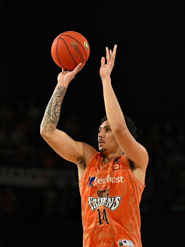 CAIRNS, AUSTRALIA - SEPTEMBER 28: Kyrin Galloway of the Taipans shoots the ball during the round two NBL match between Cairns Taipans and Adelaide 36ers at Cairns Convention Centre, on September 28, 2024, in Cairns, Australia. (Photo by Emily Barker/Getty Images)