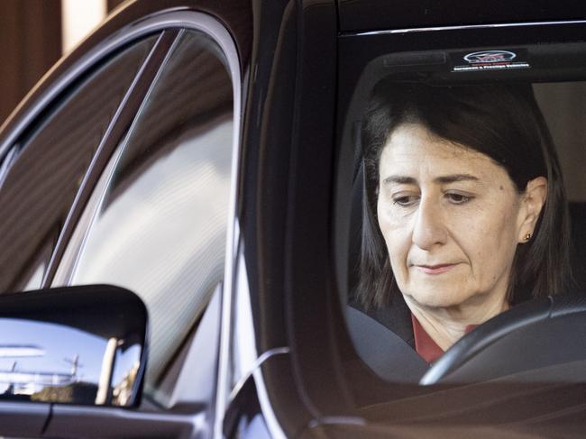 Gladys Berejiklian leaving home while awaiting the ICAC’s report this month. Picture: Monique Harmer