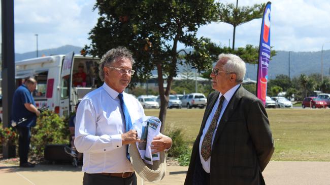 Councillor Paul Amos and George Cecato at the Jetty Foreshores. Mr Amos would like compensation from the state government over the failed MWOO scheme. Photo: Tim Jarrett