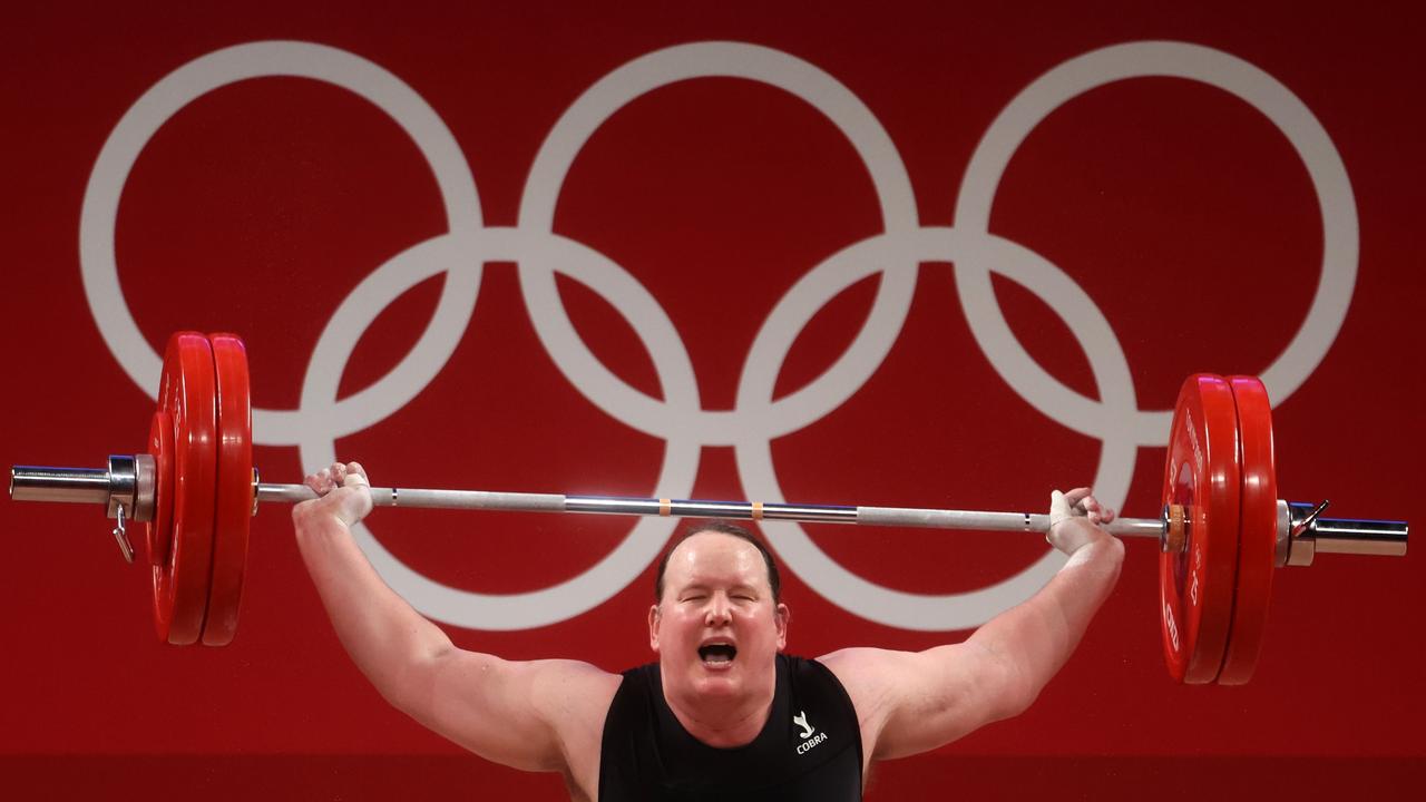 Laurel Hubbard of Team New Zealand competes during the Weightlifting - Women's 87kg+ at the Tokyo Olympics. (Photo by Chris Graythen/Getty Images)