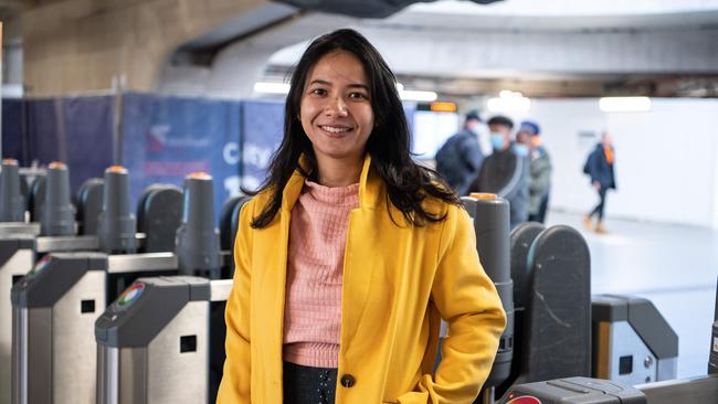 Ratchanu Juithai, 31 stand for portrait at central station in Sydney. Picture: NCA NewsWire / Flavio Brancaleone