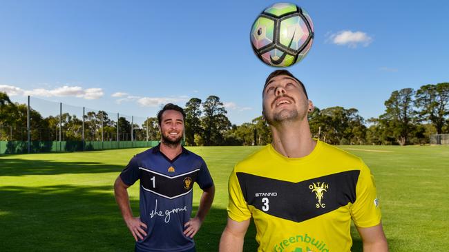 Tea Tree Gully’s Matthew Else (left) with One Tree Hill’s Nathan Maurer ahead of the CFS Shield Fundraiser event. Picture: Brenton Edwards