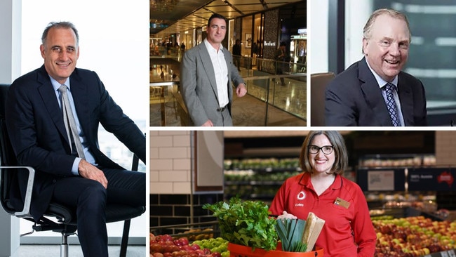 Clockwise from top right: Worley CEO Chris Ashton, Coles CEO Leah Weckert, Wesfarmers CEO Rob Scott and Scentre CEO Elliott Rusanow.