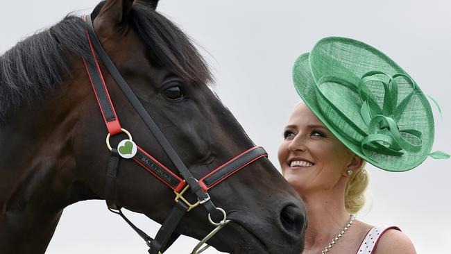 Melbourne Cup runner, Araldo with equine Dr Emma Nicol at Mike Moroney's stables, Flemington racecourse. Animal lovers have been urged to wear green to show their support of the thoroughbred horse industry. Picture: Andy Brownbill