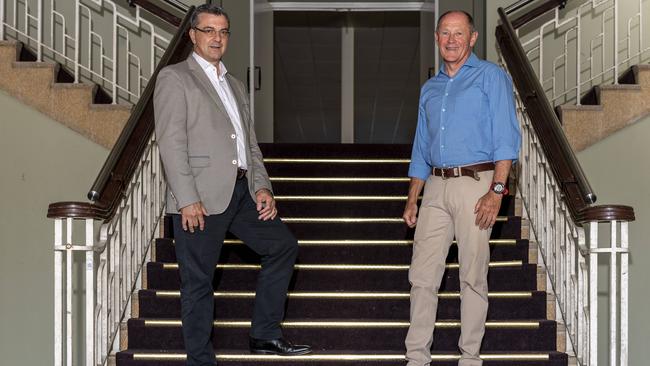 NewsWire Photo : Manly DailyJoseph Carrozzi, harbour trust chairman and John Platt pose for a photo in the entrance of 'The Others Ranks Mess' building at the school of artillery North Head, Manly on Wednesday, 14 October 2020.John Platt, was the last commanding officer of the school of artillery before it shut in 1998.Picture: NCA NewsWire/ Monique Harmer