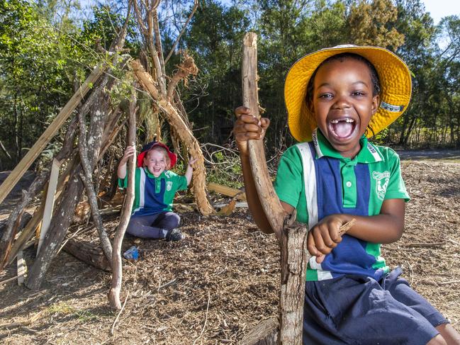 Julienne Almasi (front) and Olivia Moore pose for a photograph at Berrinba East State School outdoor play area, Monday, July 20, 2020 - Picture: Richard Walker