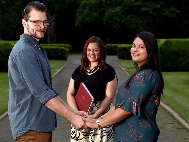 Celebrant Alex Jurgens with Robert Bessell and Bianca Barbagallo at Queens Gardens. Picture: Evan Morgan