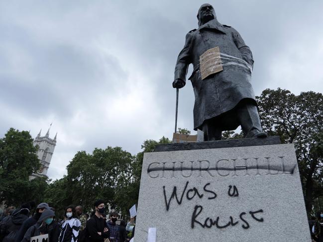 A statue of former British prime minister Winston Churchill is defaced in central London last week. Picture: AFP