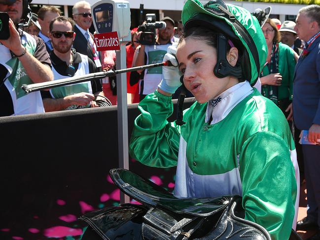 Jockey Michelle Payne weighs in after winning on Tavi Bay during last year’s Flemington Spring Carnival. Picture: Ian Currie