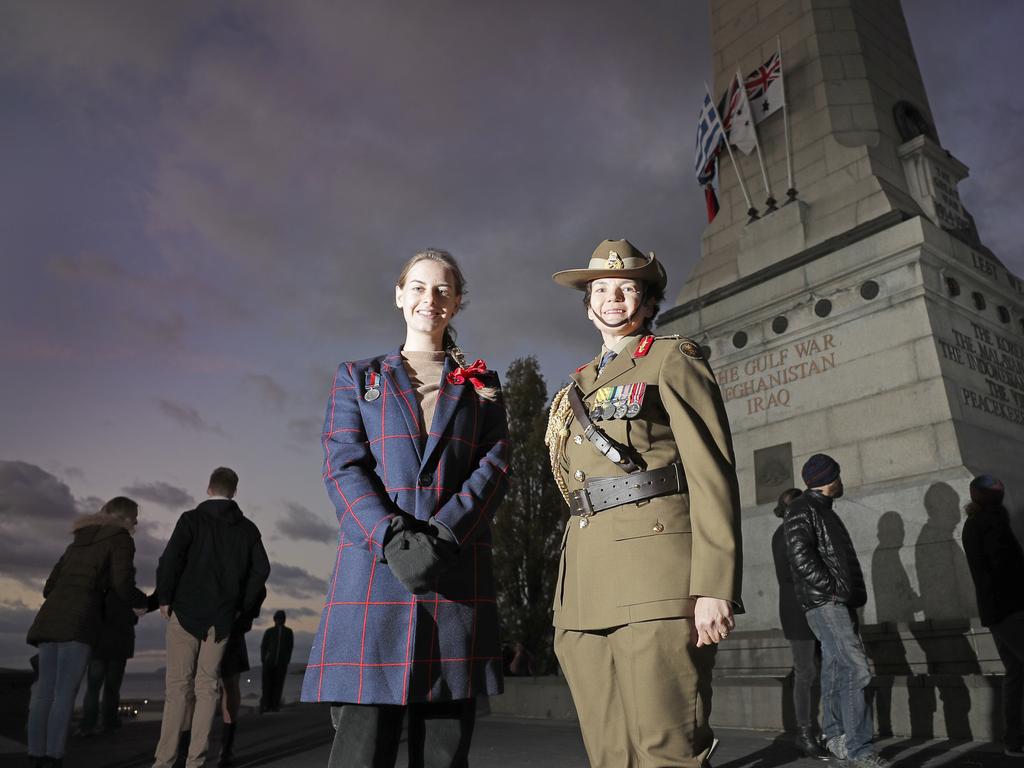 Hobart College student Amy Rahmanovic, 17, and Major General Kathryn Campbell from Canberra, both spoke at the Anzac Day dawn service at the Hobart cenotaph. Picture: PATRICK GEE