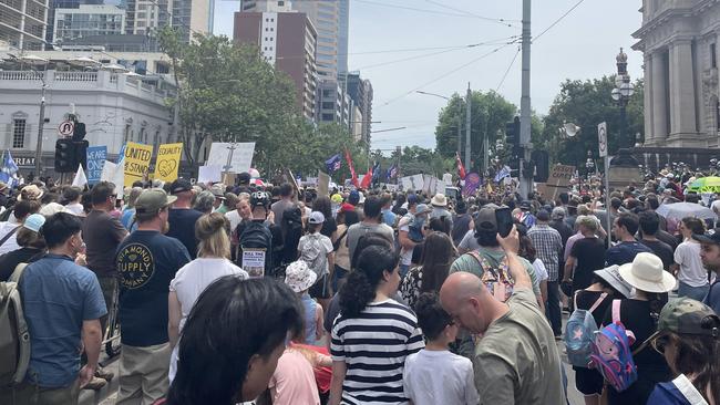 Protesters marching through the CBD on Saturday. Picture: Miles Proust.